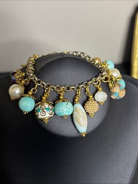 Turquoise Glass Faux Pearl Charm Bracelet Gold Accents Jewelry